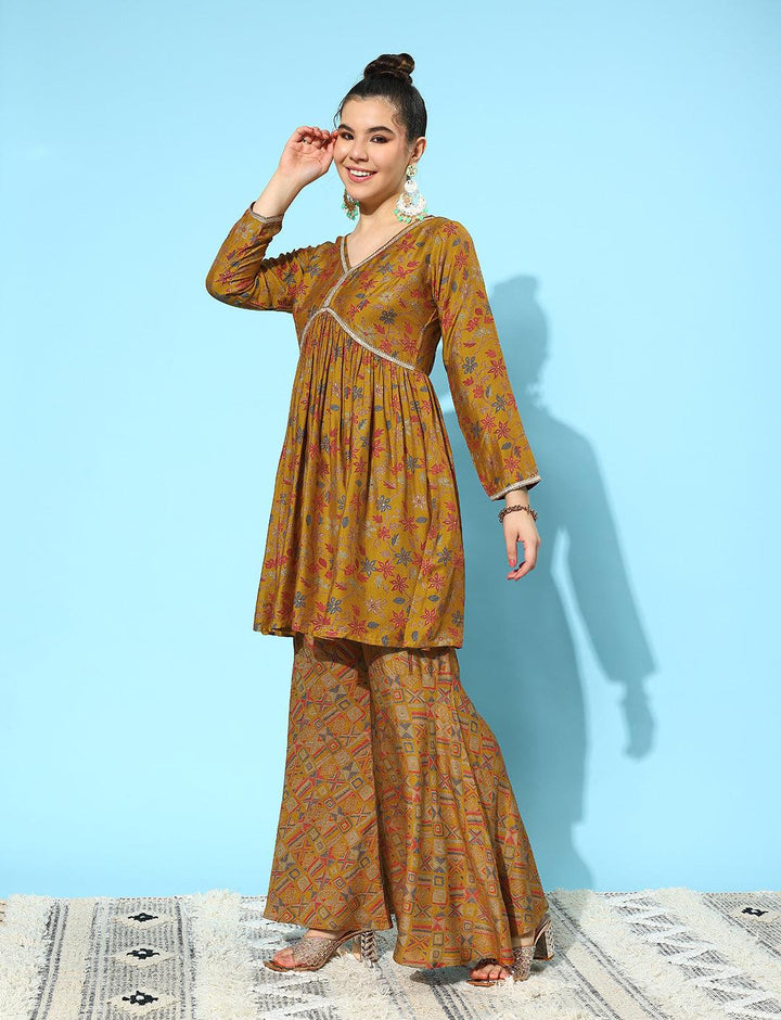 Mustard Printed Silk Blend A-Line Kurti With Sharara & Dupatta - ShopLibas