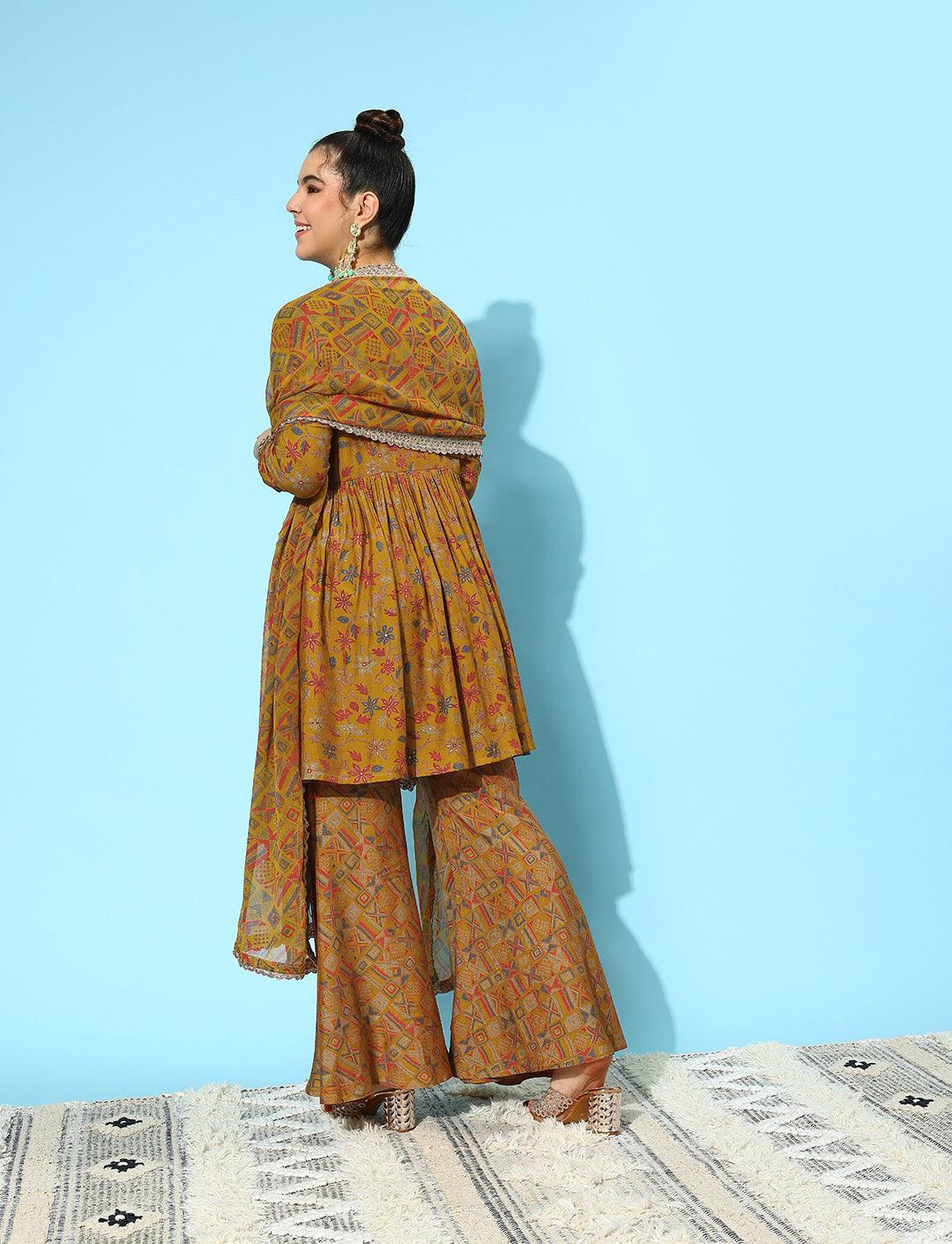 Mustard Printed Silk Blend A-Line Kurti With Sharara & Dupatta