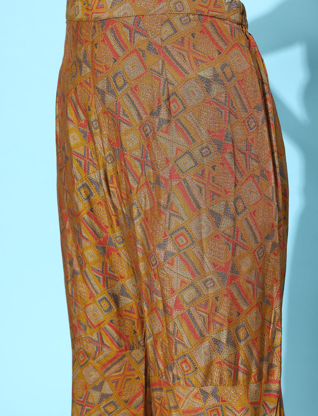 Mustard Printed Silk Blend A-Line Kurti With Sharara & Dupatta