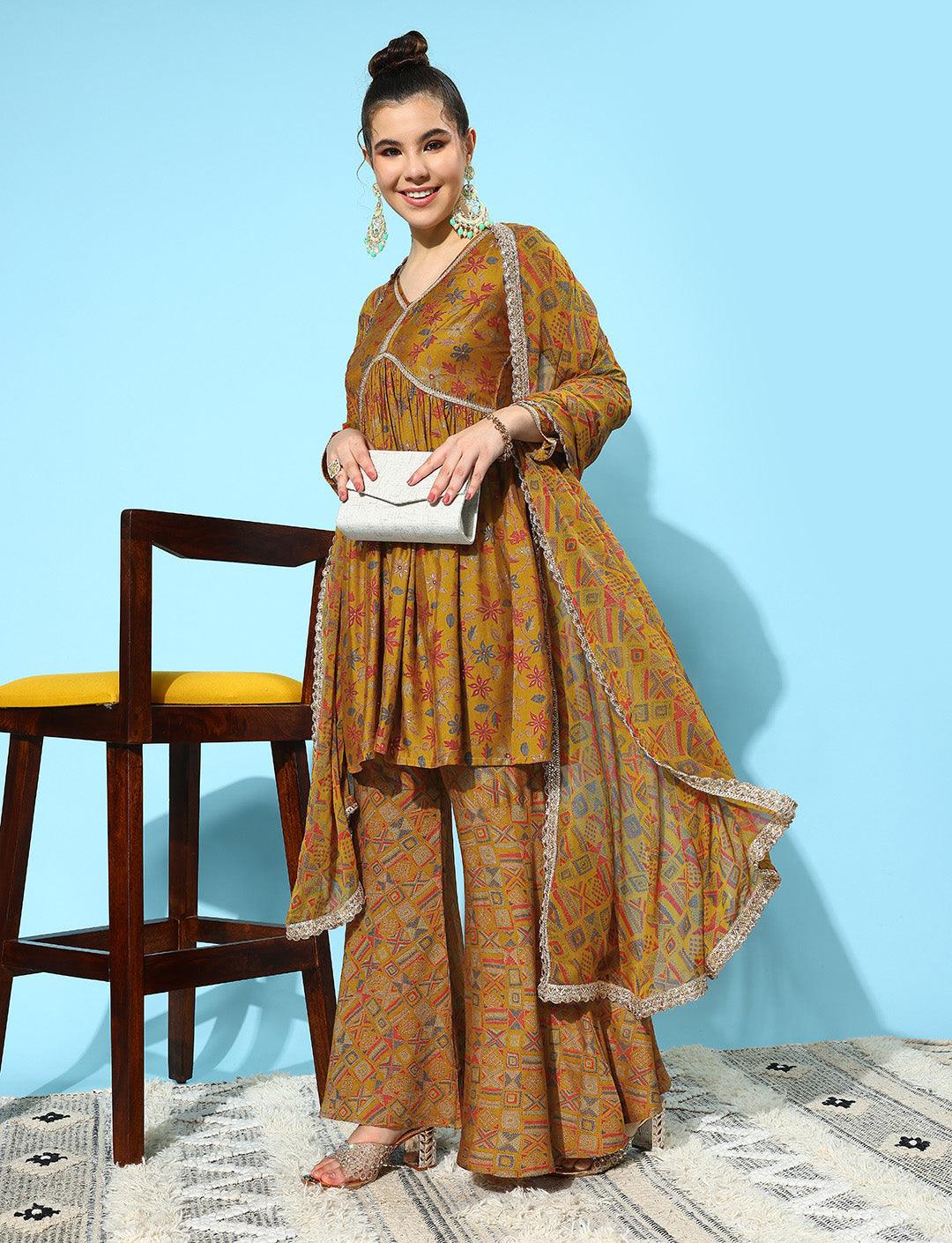 Mustard Printed Silk Blend A-Line Kurti With Sharara & Dupatta