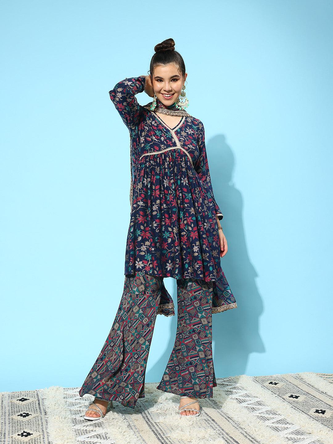 Navy Blue Printed Silk Blend A-Line Kurti With Sharara & Dupatta