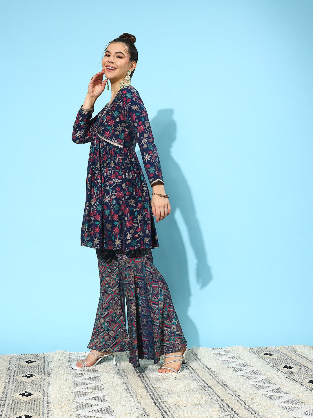 Navy Blue Printed Silk Blend A-Line Kurti With Sharara & Dupatta