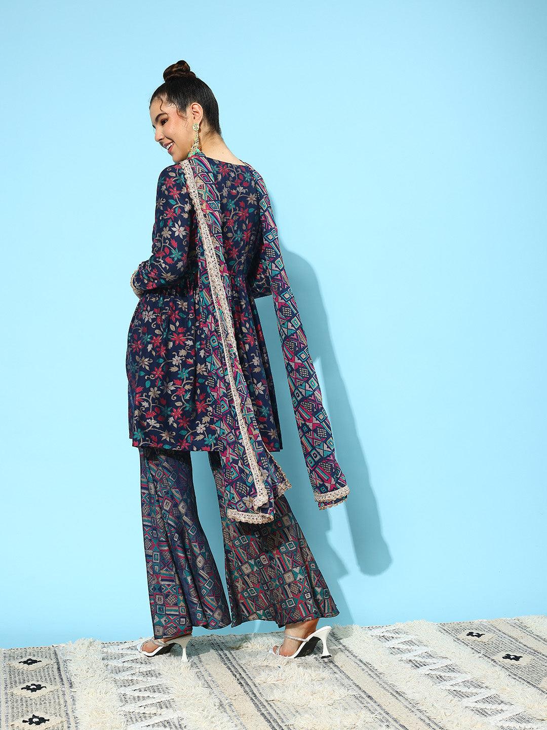 Navy Blue Printed Silk Blend A-Line Kurti With Sharara & Dupatta