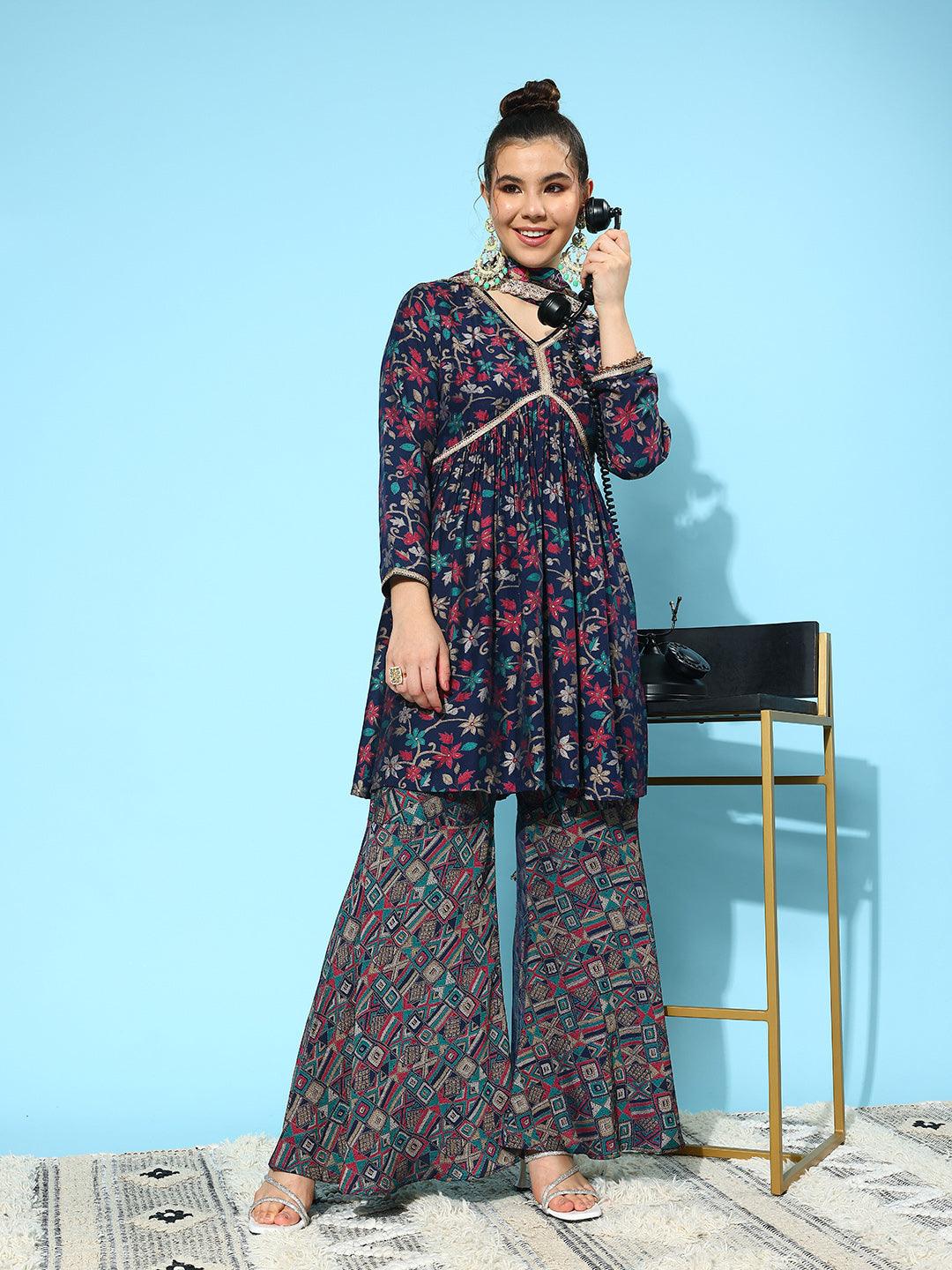 Navy Blue Printed Silk Blend A-Line Kurti With Sharara & Dupatta