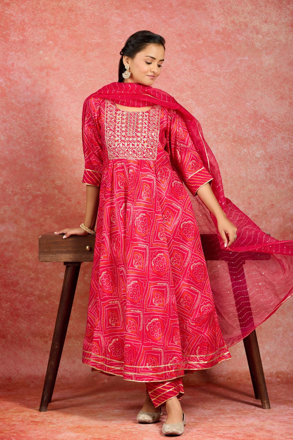 Pink Printed Silk Blend Anarkali Suit With Dupatta