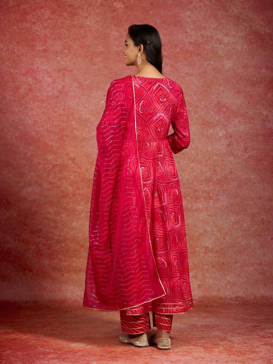 Pink Printed Silk Blend Anarkali Suit With Dupatta