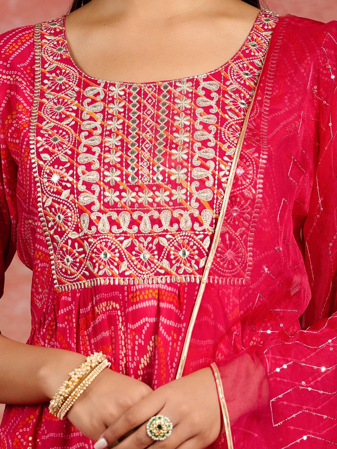 Pink Printed Silk Blend Anarkali Suit With Dupatta