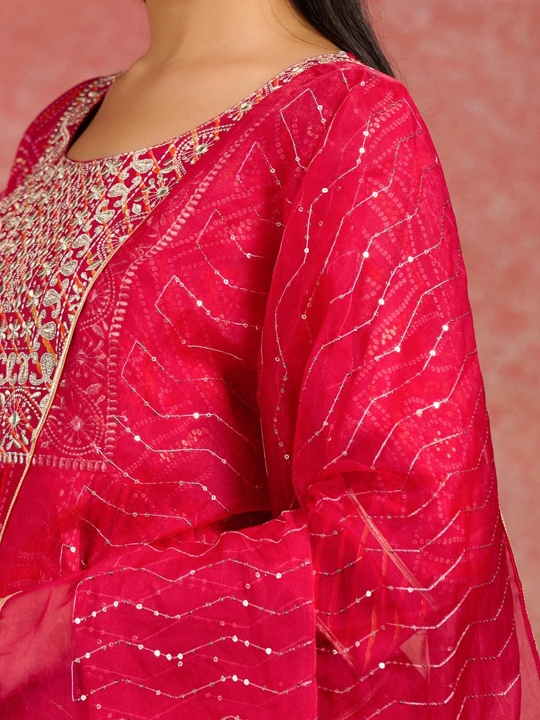 Pink Printed Silk Blend Anarkali Suit With Dupatta