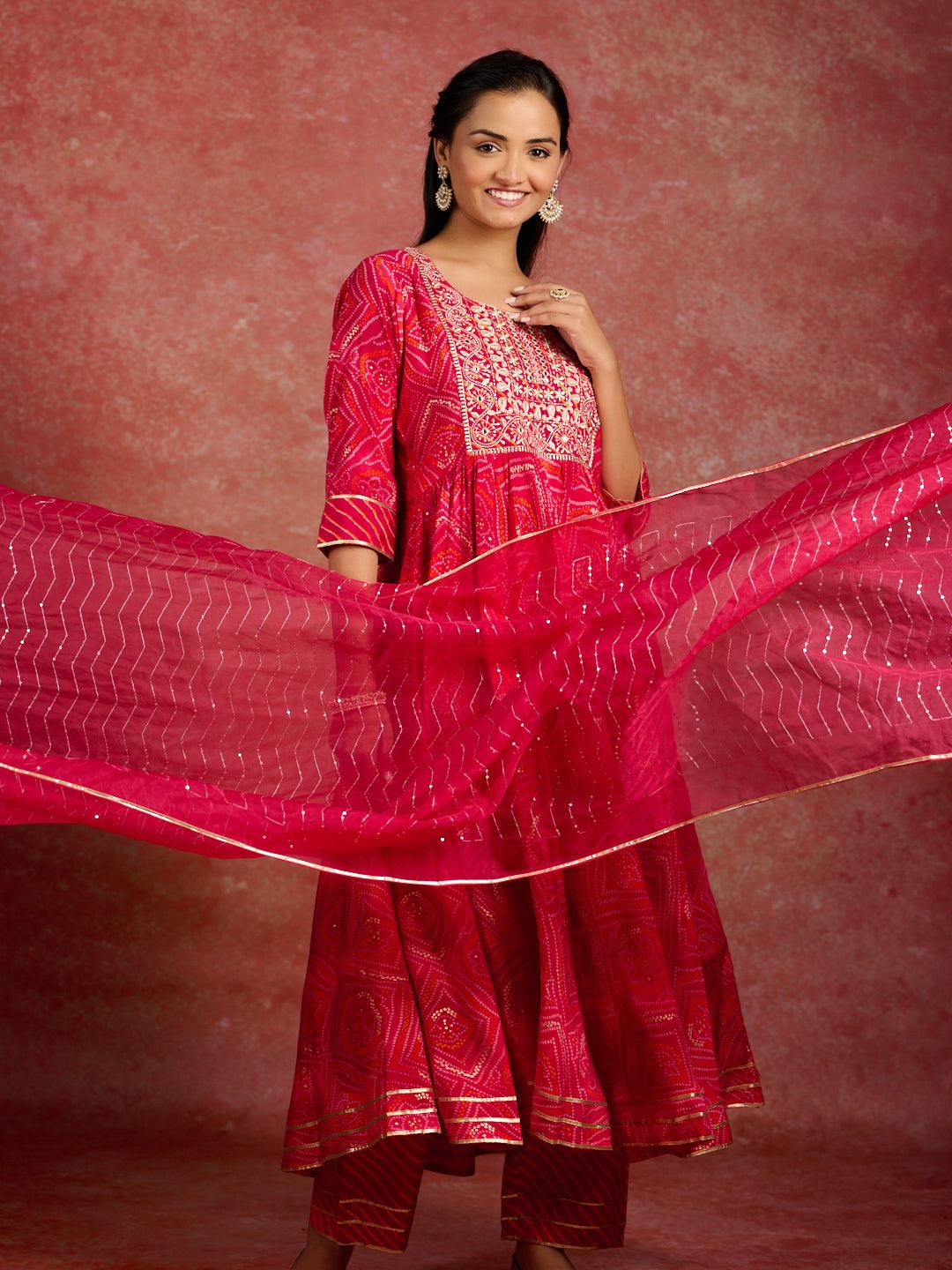 Pink Printed Silk Blend Anarkali Suit With Dupatta