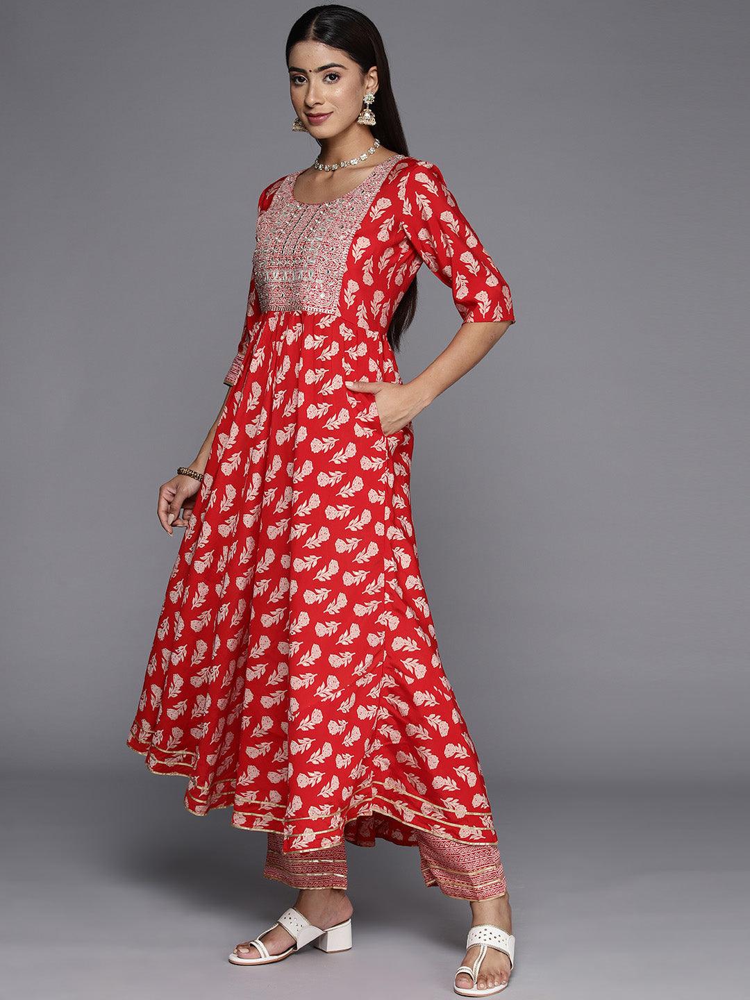 Red Printed Silk Blend Anarkali Kurta - ShopLibas