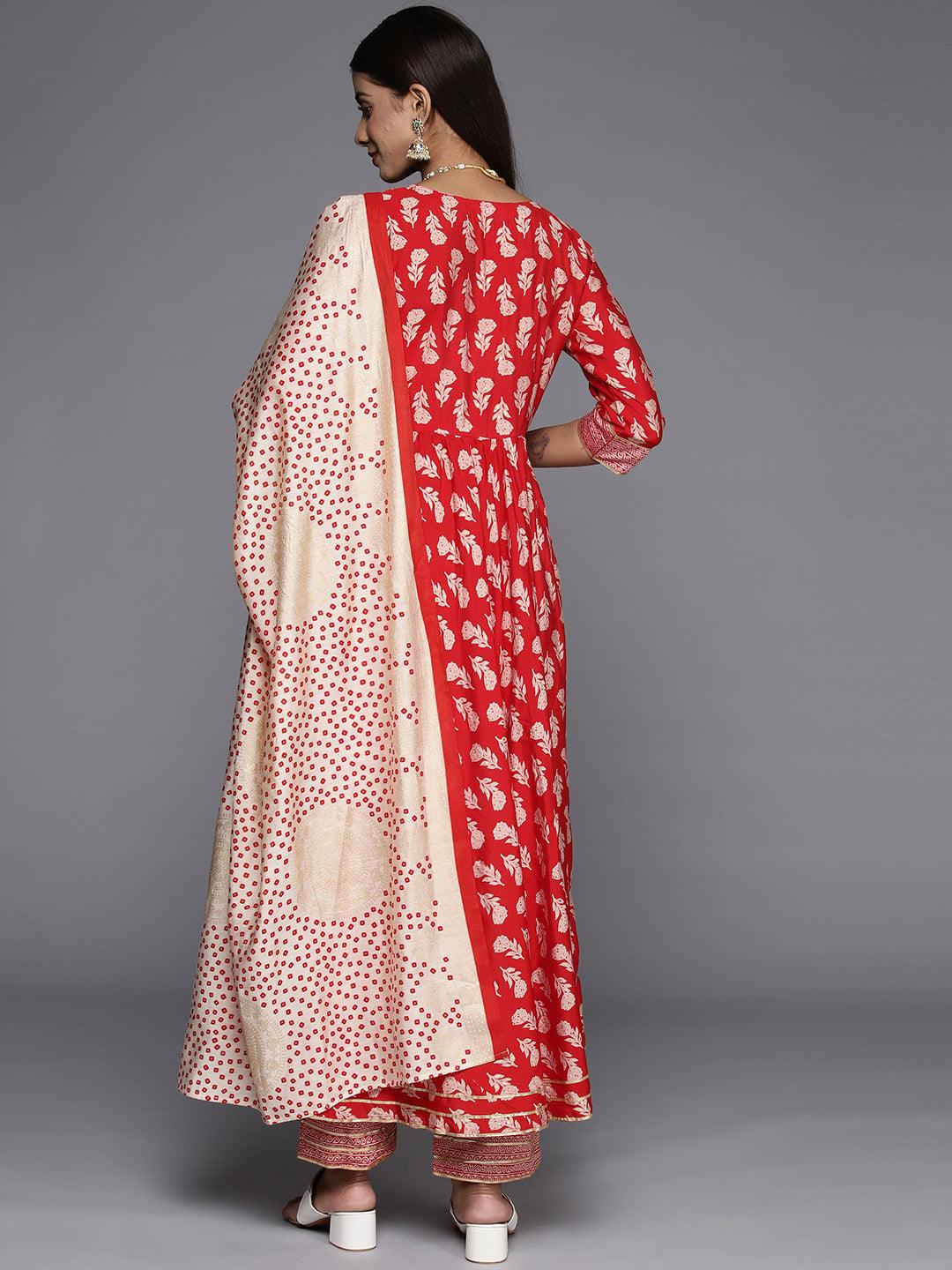 Red Printed Silk Blend Anarkali Suit With Dupatta