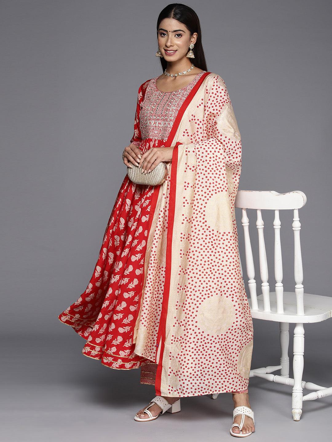 Red Printed Silk Blend Anarkali Suit With Dupatta