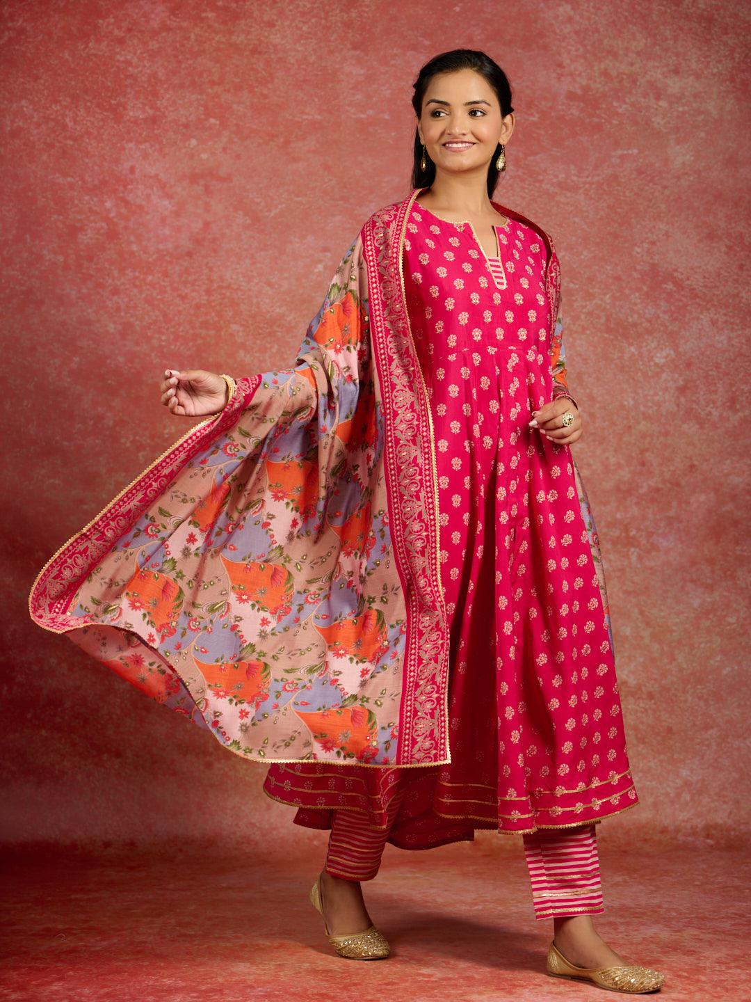 Pink Printed Silk Blend Anarkali Kurta With Trousers & Dupatta - ShopLibas