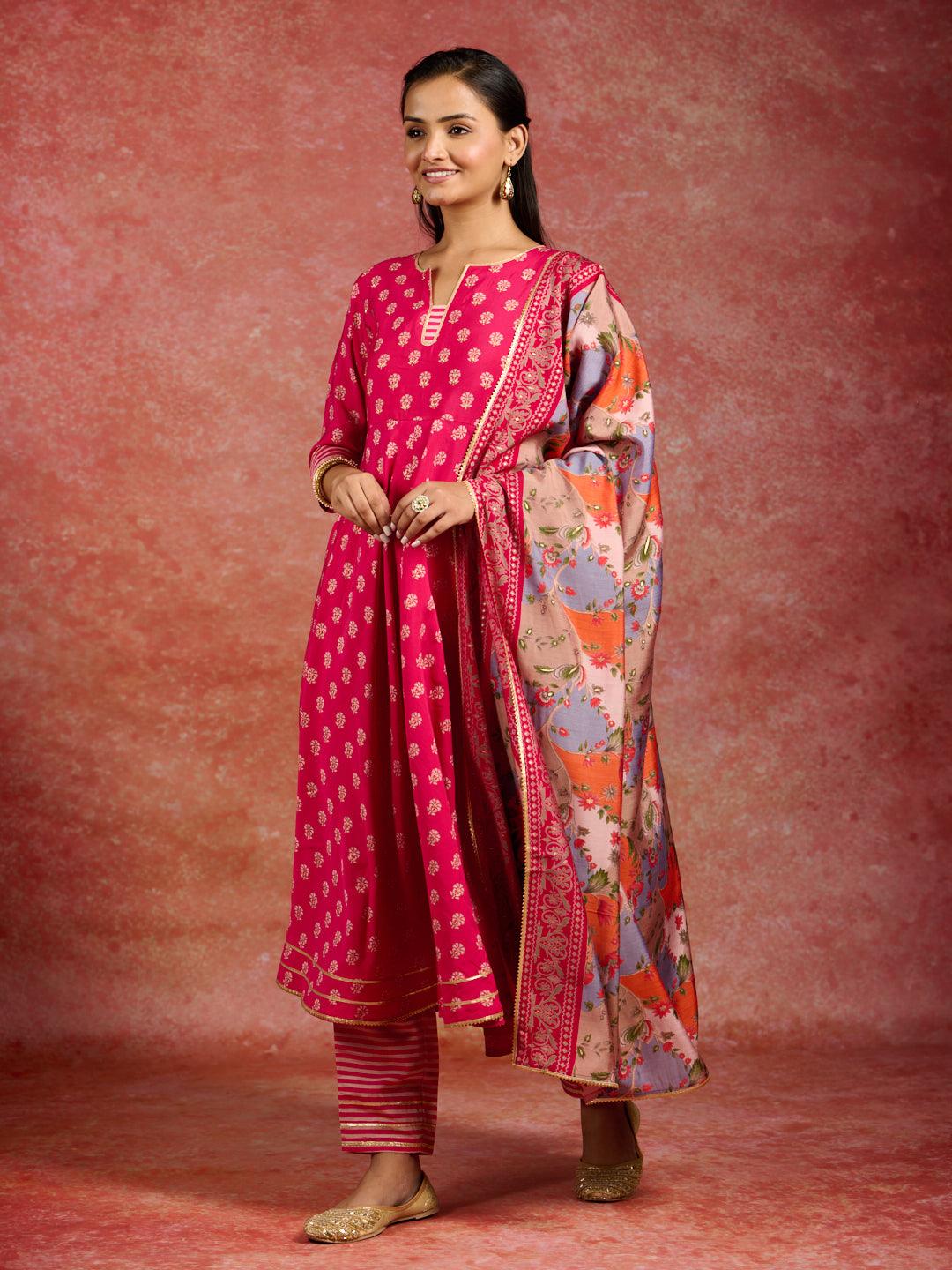 Pink Printed Silk Blend Anarkali Kurta With Trousers & Dupatta - ShopLibas