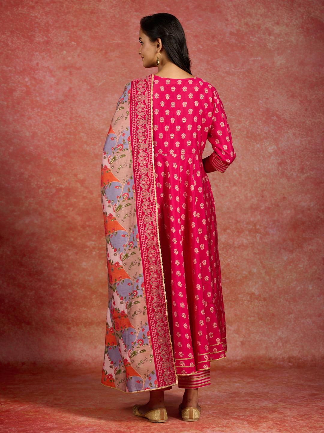 Pink Printed Silk Blend Anarkali Kurta With Trousers & Dupatta - ShopLibas