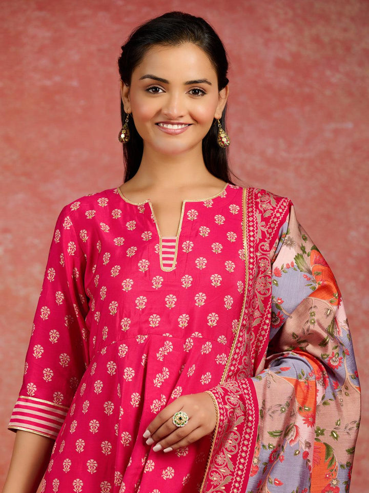 Pink Printed Silk Blend Anarkali Kurta With Trousers & Dupatta - ShopLibas