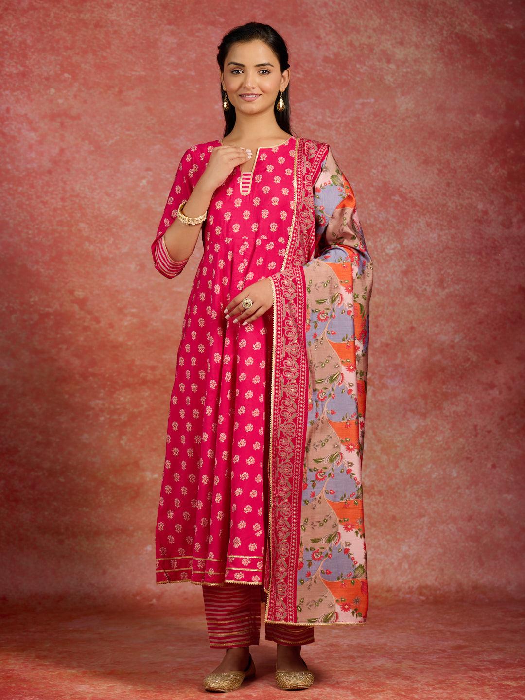 Pink Printed Silk Blend Anarkali Kurta With Trousers & Dupatta - ShopLibas