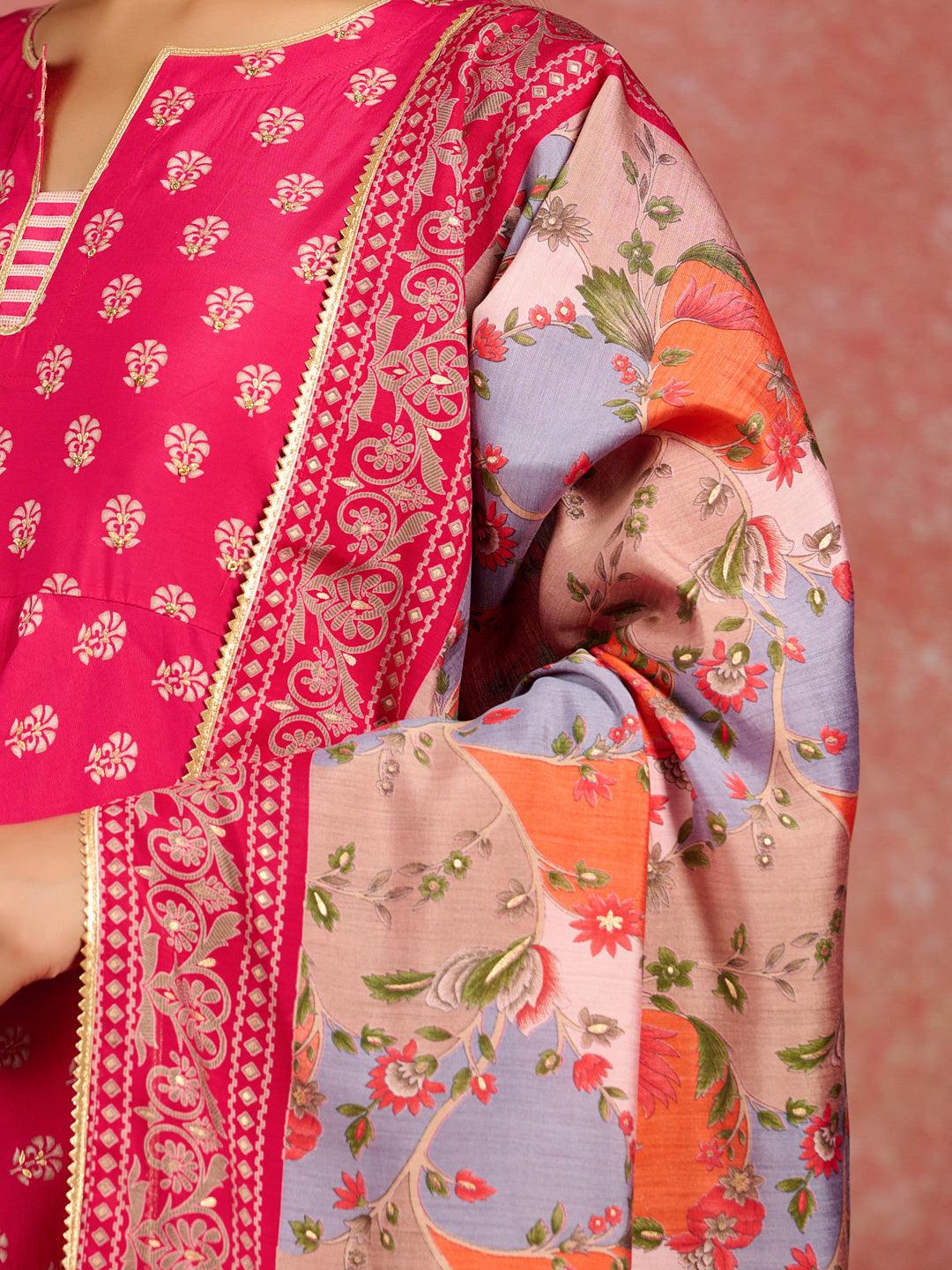 Pink Printed Silk Blend Anarkali Suit With Dupatta