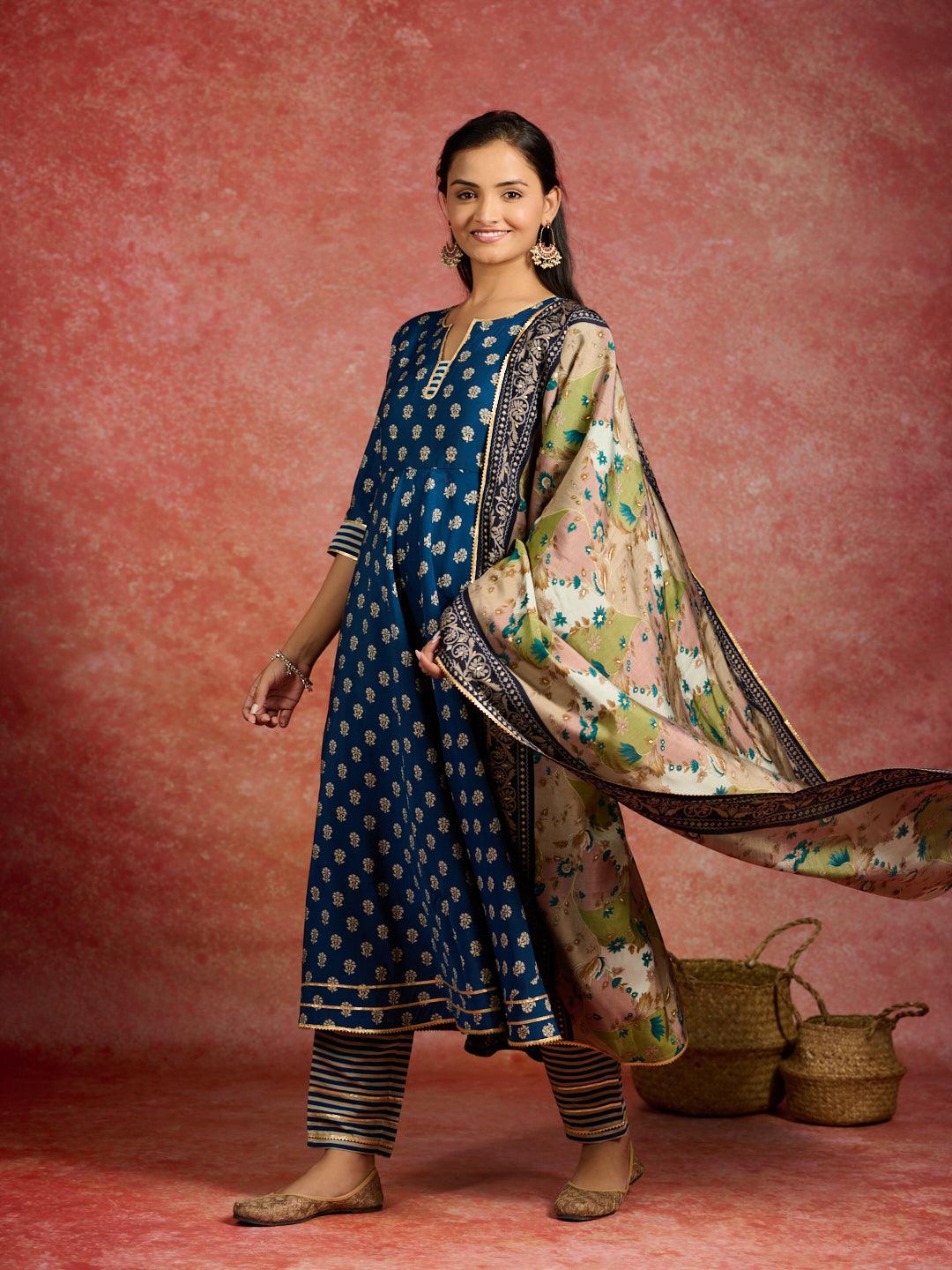 Blue Printed Silk Blend Anarkali Suit With Dupatta