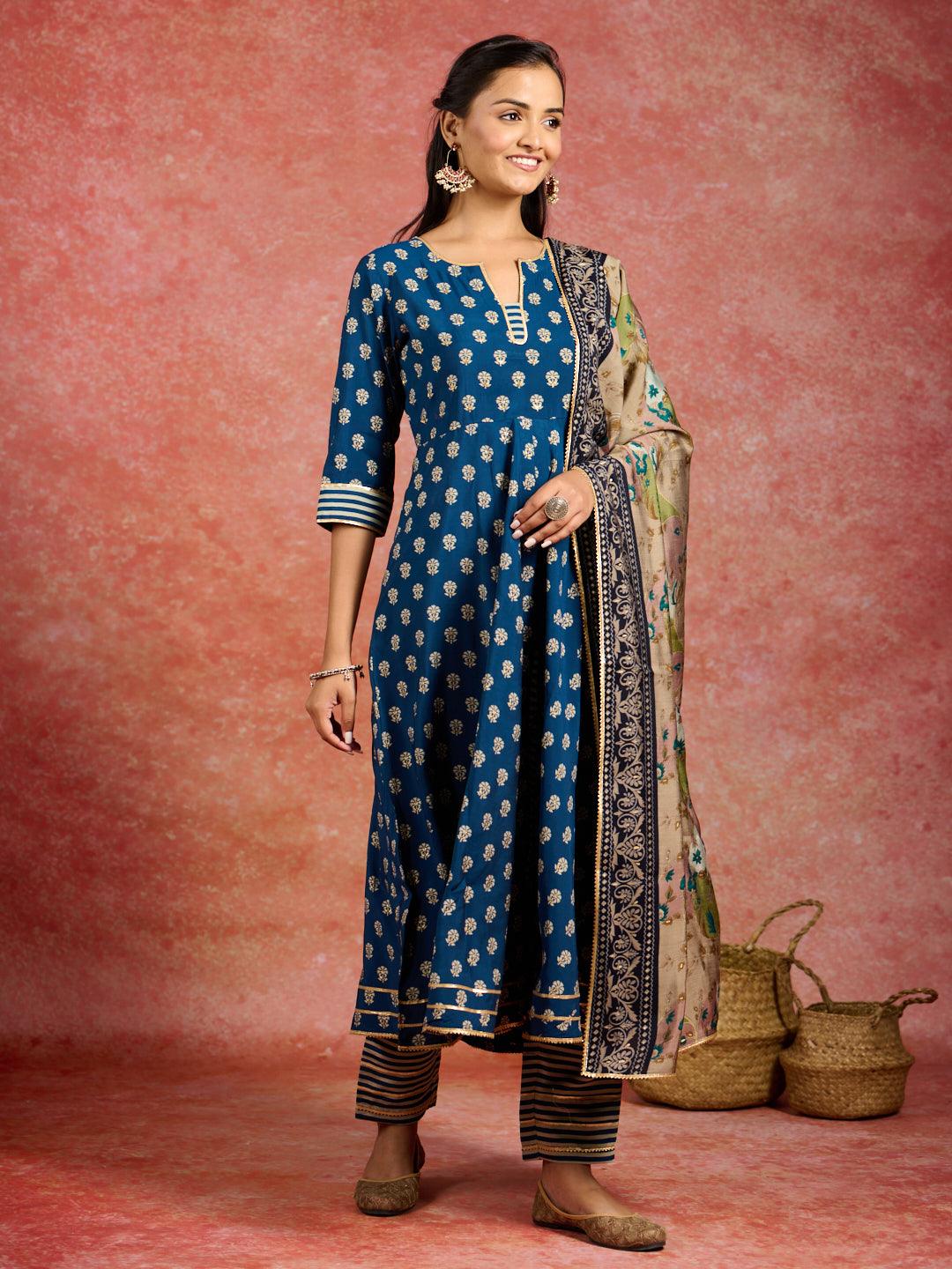 Blue Printed Silk Blend Anarkali Suit With Dupatta