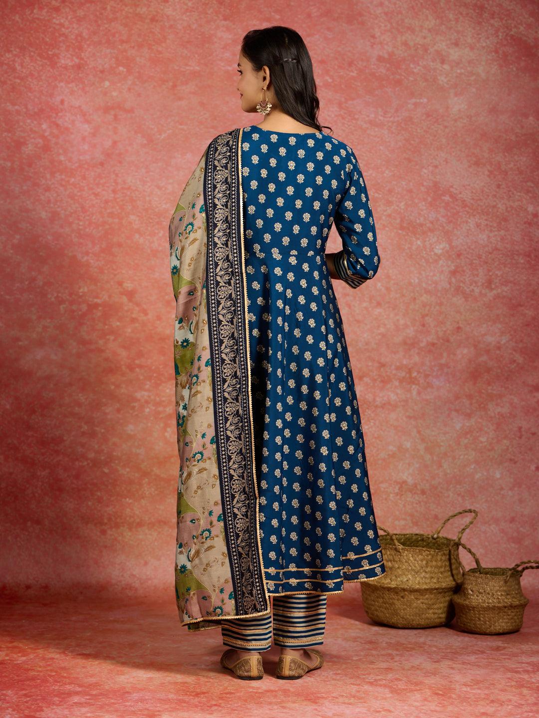 Blue Printed Silk Blend Anarkali Suit With Dupatta