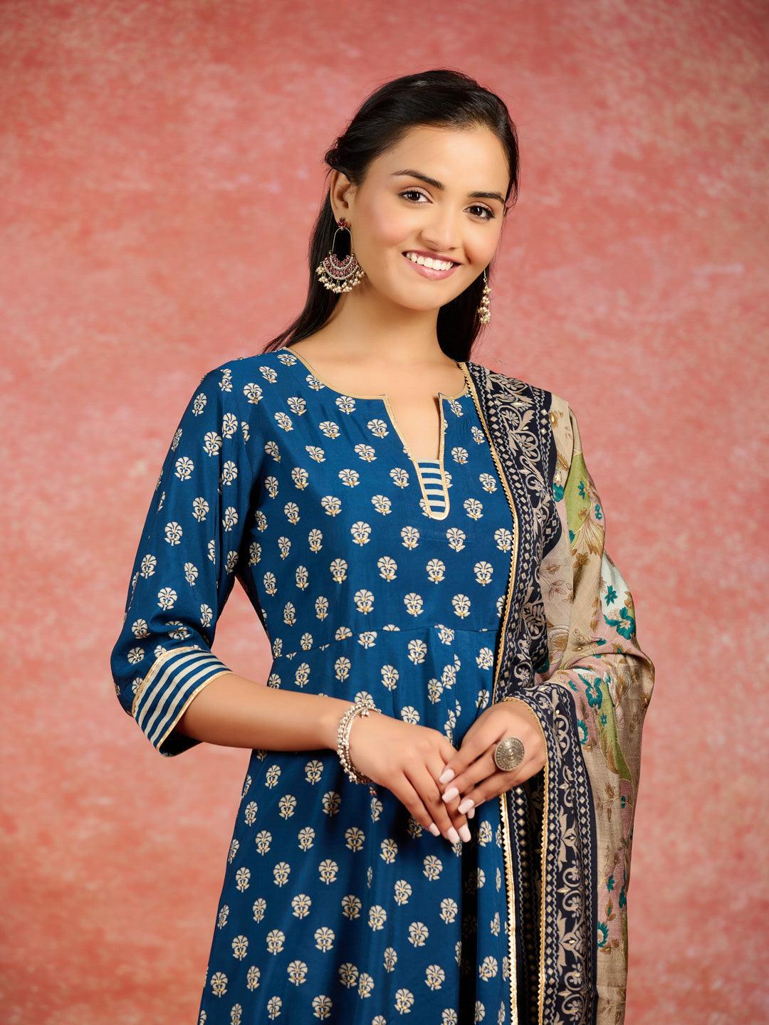 Blue Printed Silk Blend Anarkali Suit With Dupatta