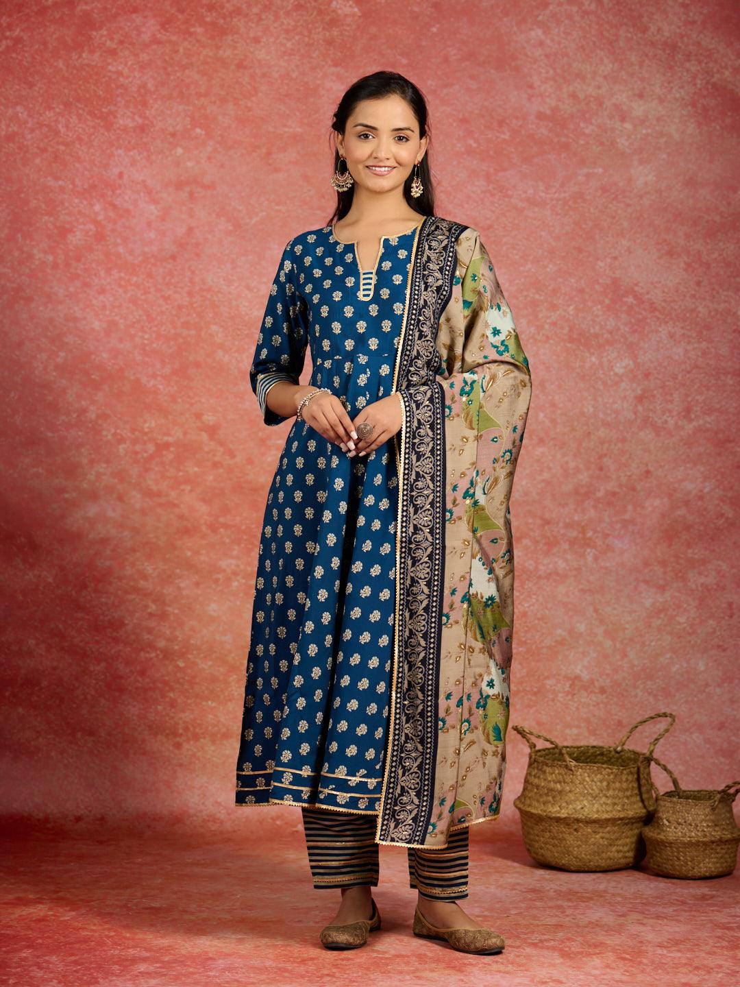 Blue Printed Silk Blend Anarkali Suit With Dupatta