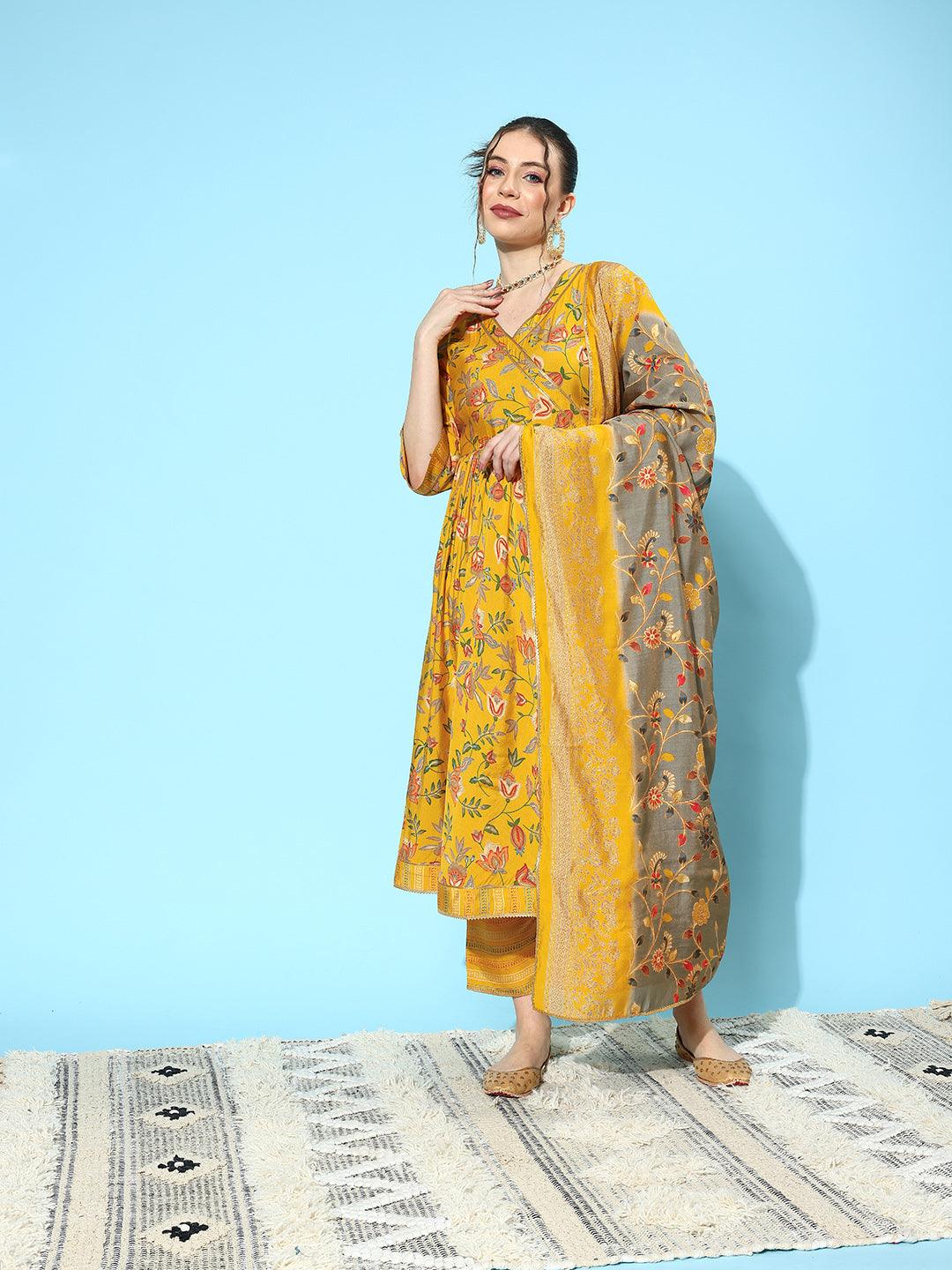 Yellow Printed Silk Blend Anarkali Suit With Dupatta