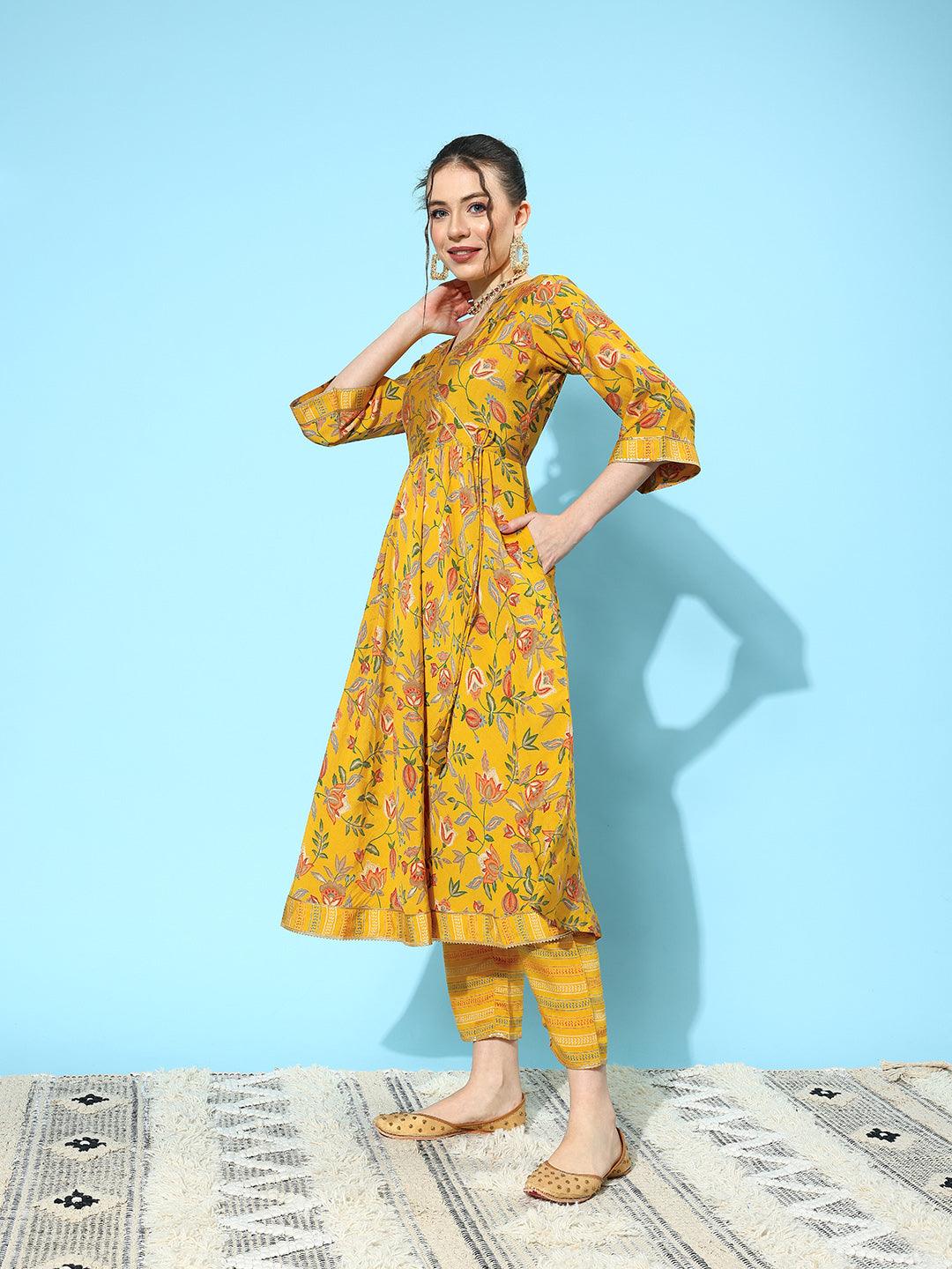 Yellow Printed Silk Blend Anarkali Suit With Dupatta