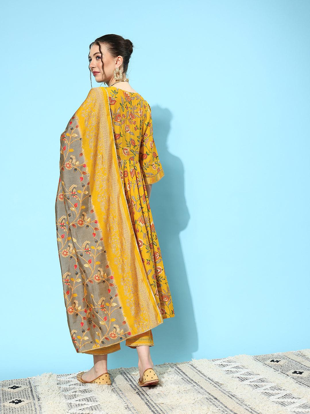 Yellow Printed Silk Blend Anarkali Suit With Dupatta