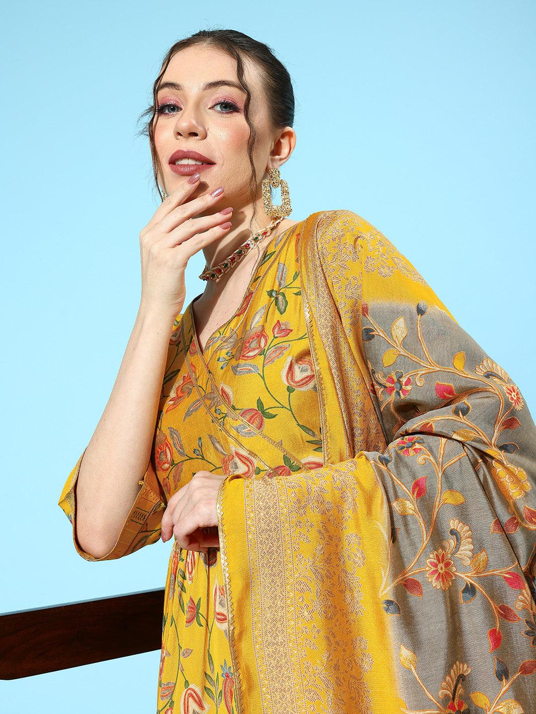 Yellow Printed Silk Blend Anarkali Suit With Dupatta