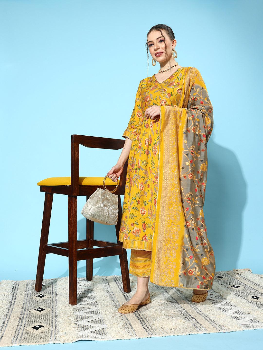 Yellow Printed Silk Blend Anarkali Suit With Dupatta