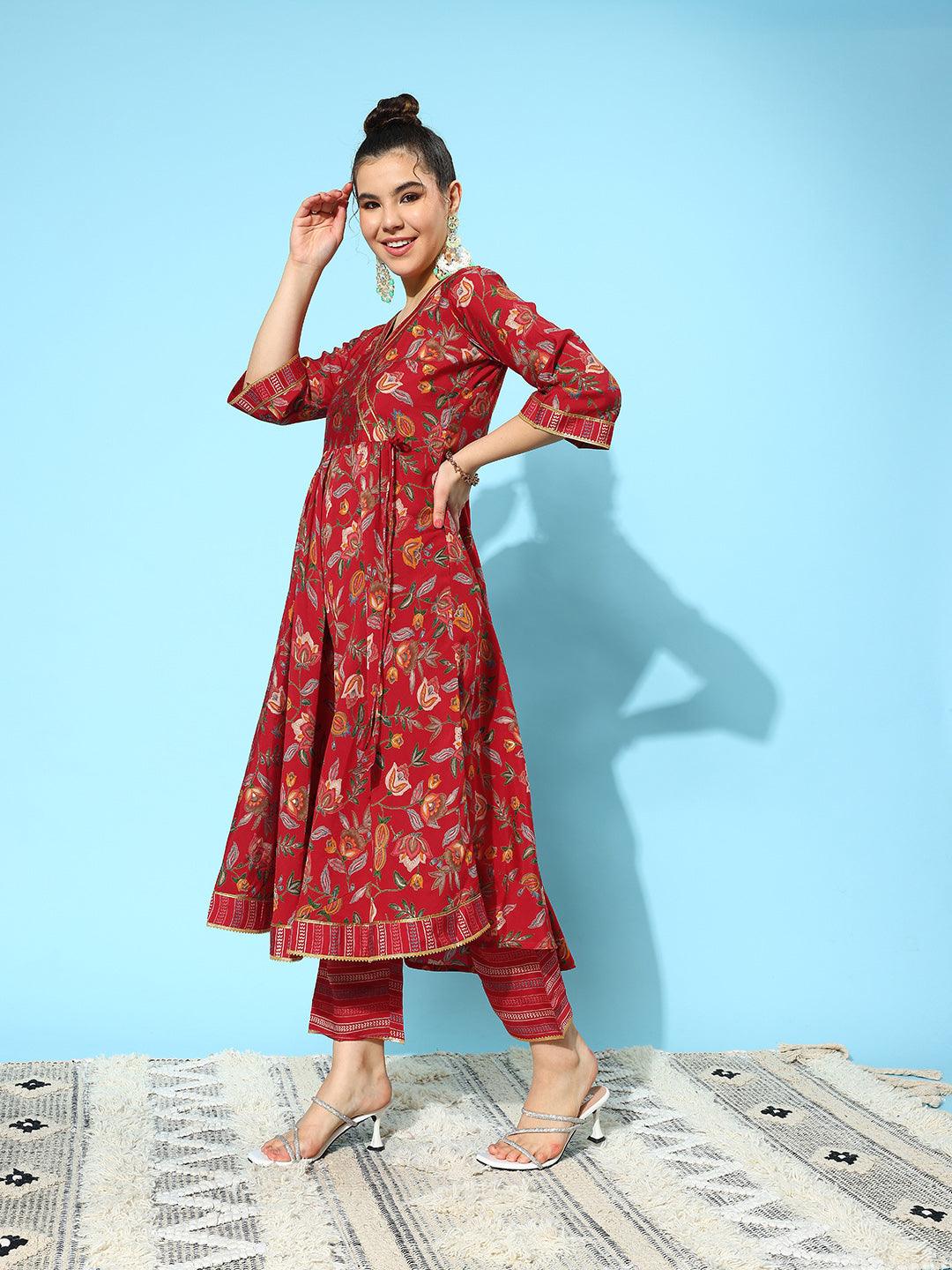 Red Printed Silk Blend Anarkali Suit With Dupatta