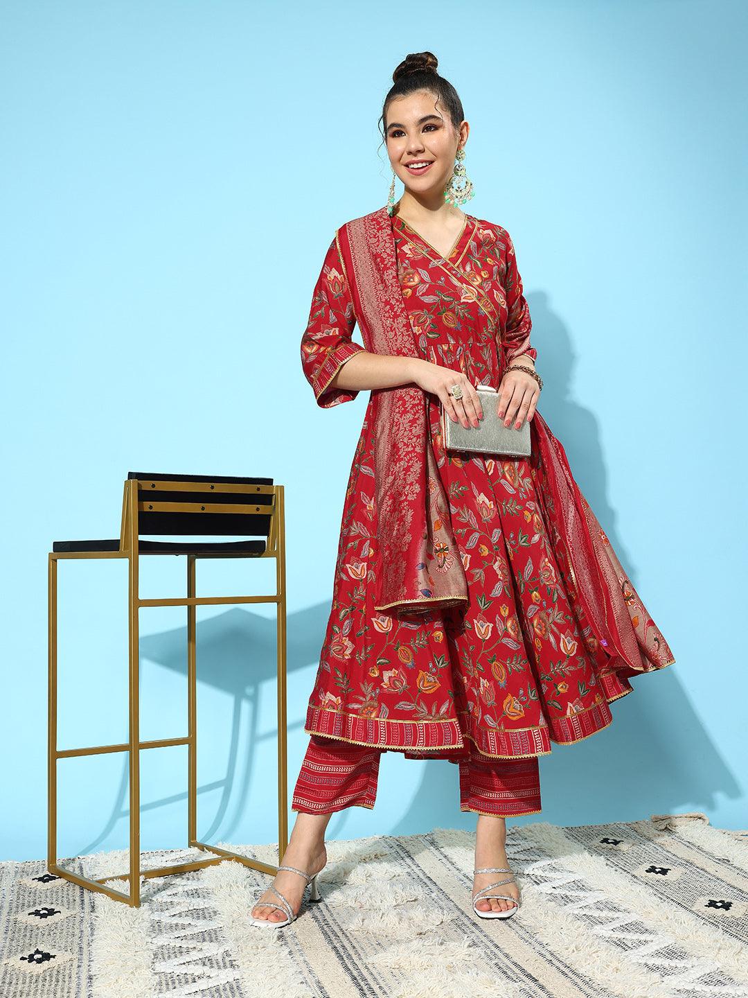 Red Printed Silk Blend Anarkali Suit With Dupatta