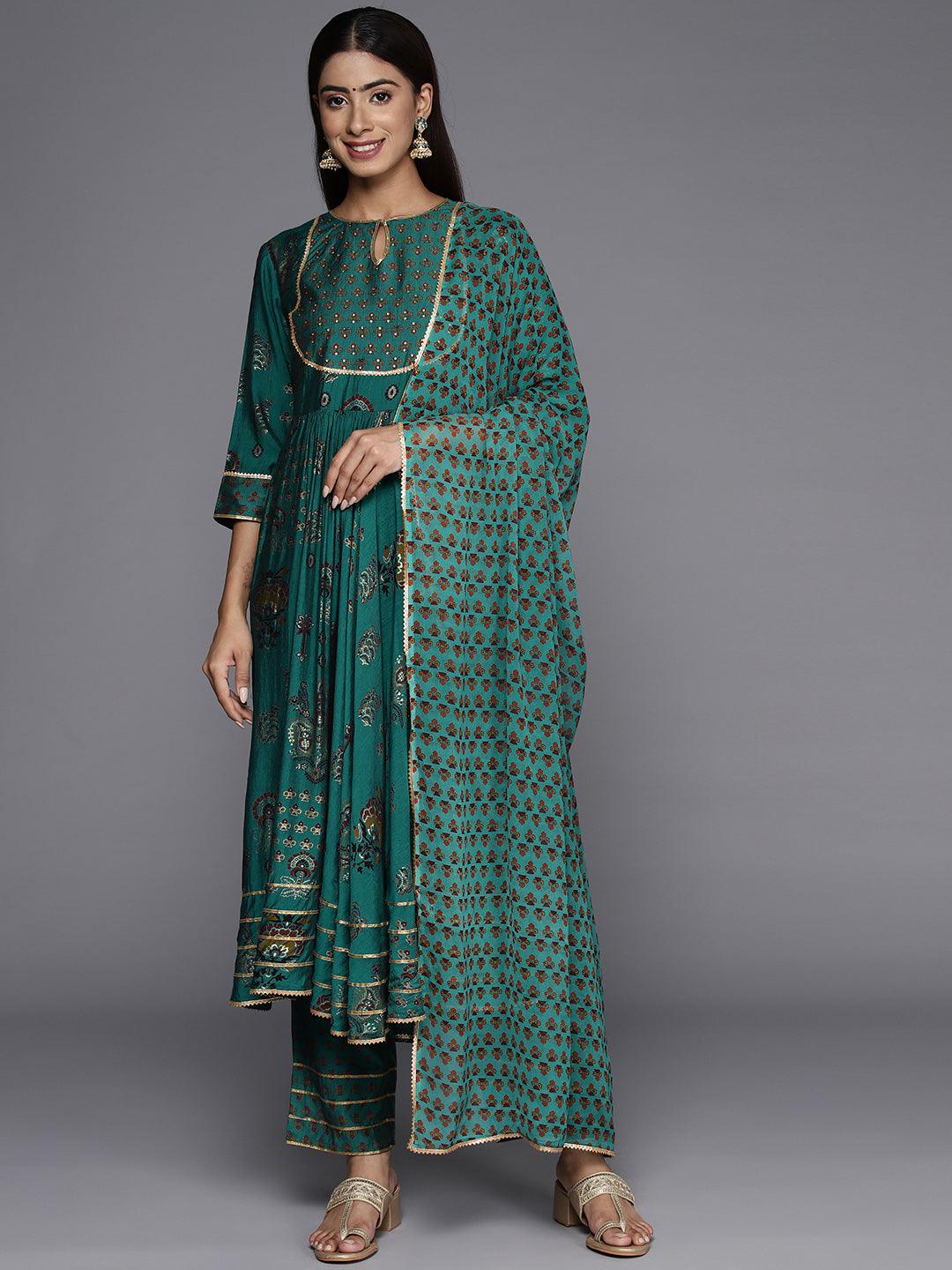 Green Printed Silk Blend Anarkali Suit With Dupatta