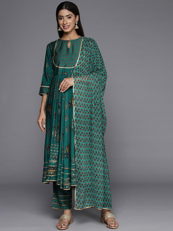 Green Printed Silk Blend Anarkali Kurta With Trousers & Dupatta - ShopLibas