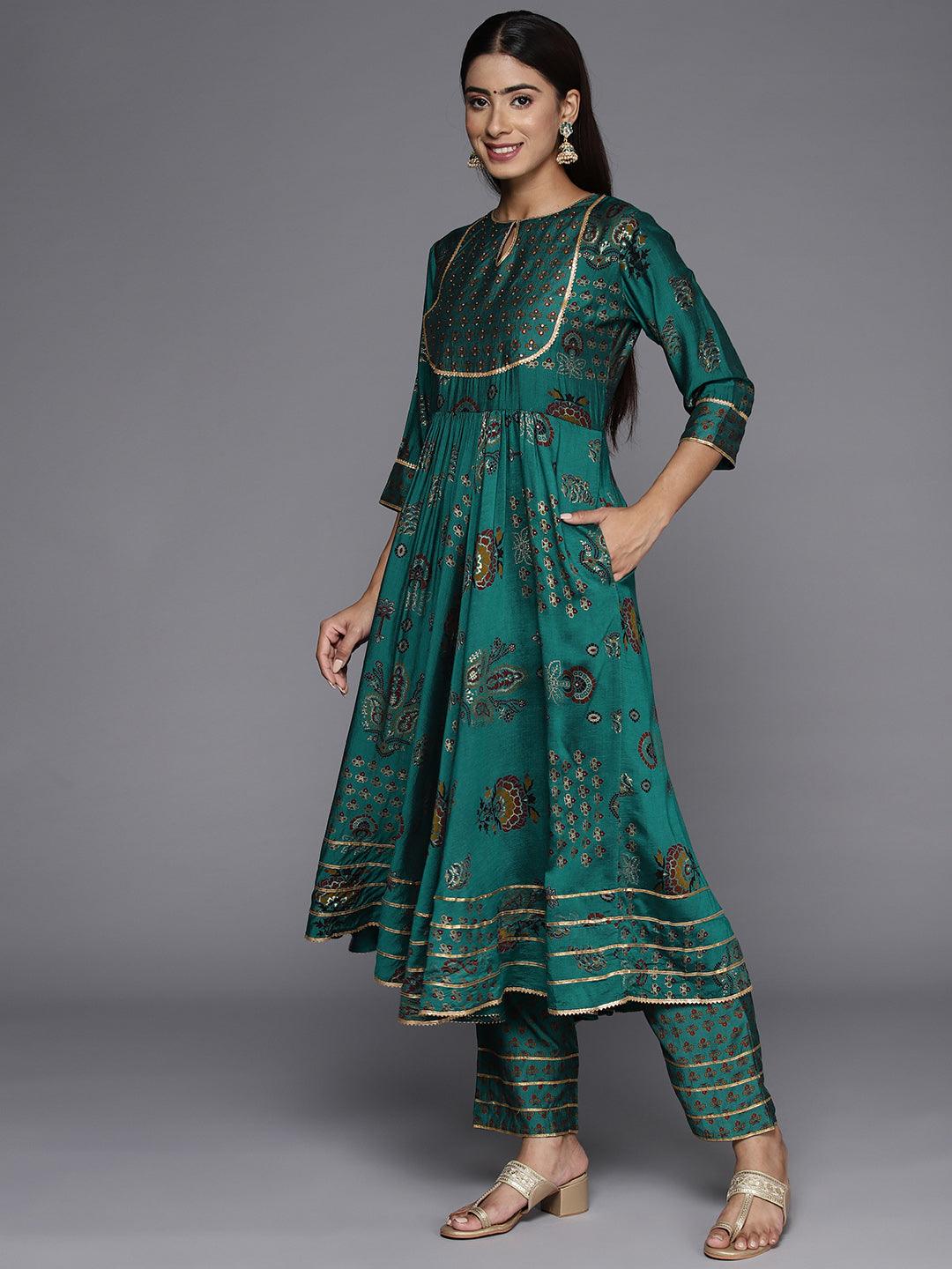 Green Printed Silk Blend Anarkali Suit With Dupatta