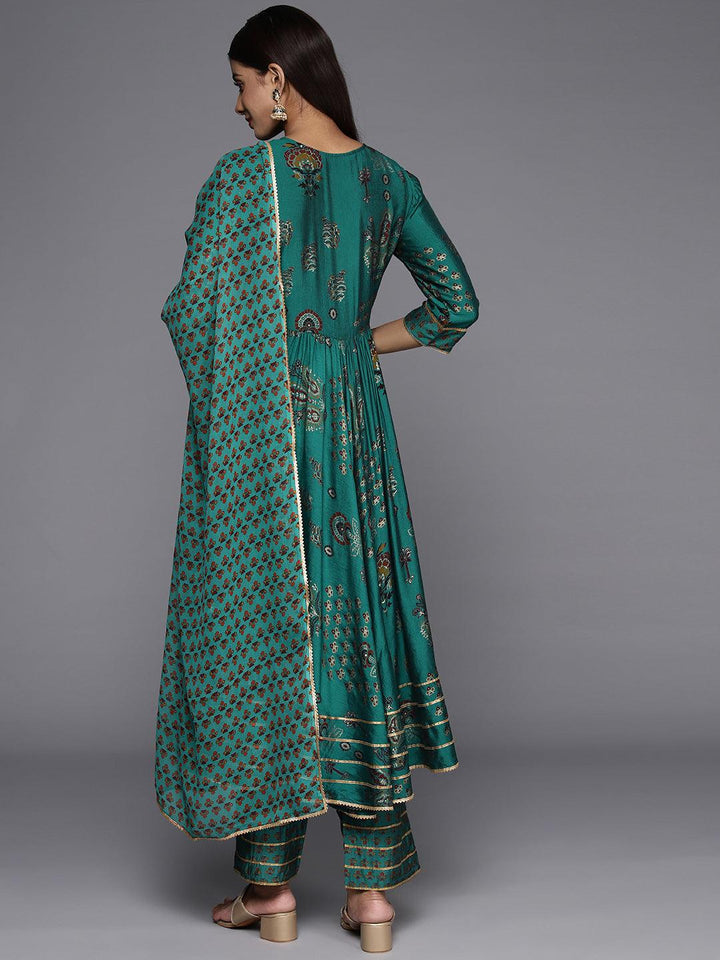 Green Printed Silk Blend Anarkali Kurta With Trousers & Dupatta - ShopLibas