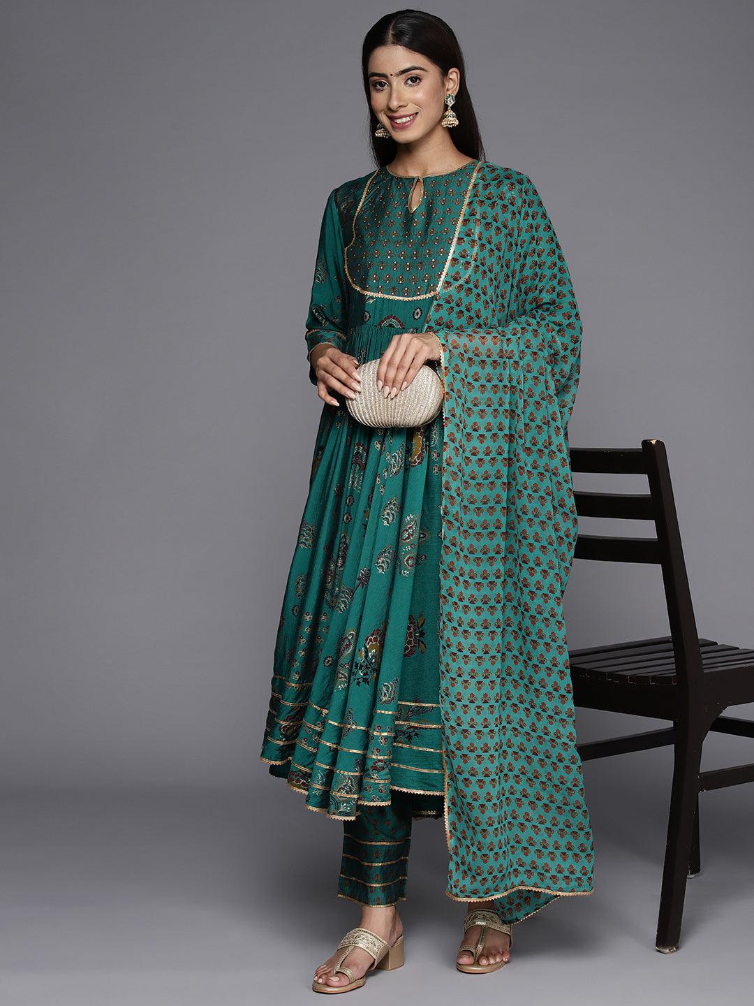 Green Printed Silk Blend Anarkali Suit With Dupatta