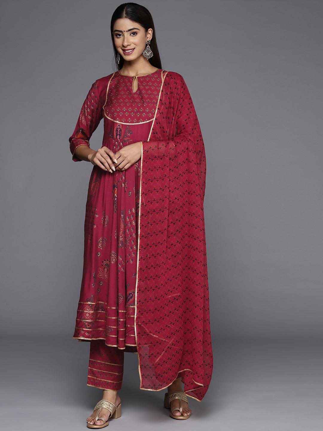 Red Printed Silk Blend Anarkali Kurta With Trousers & Dupatta - ShopLibas