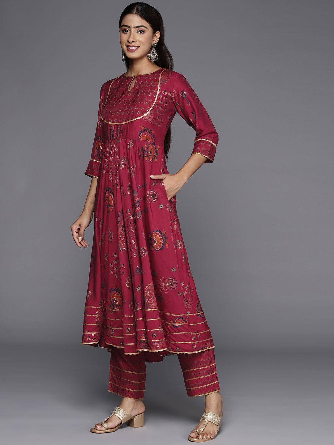 Red Printed Silk Blend Anarkali Kurta With Trousers & Dupatta - ShopLibas