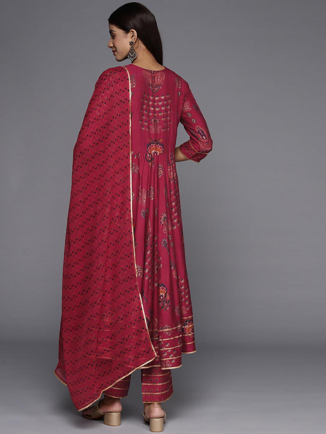 Red Printed Silk Blend Anarkali Kurta With Trousers & Dupatta - ShopLibas