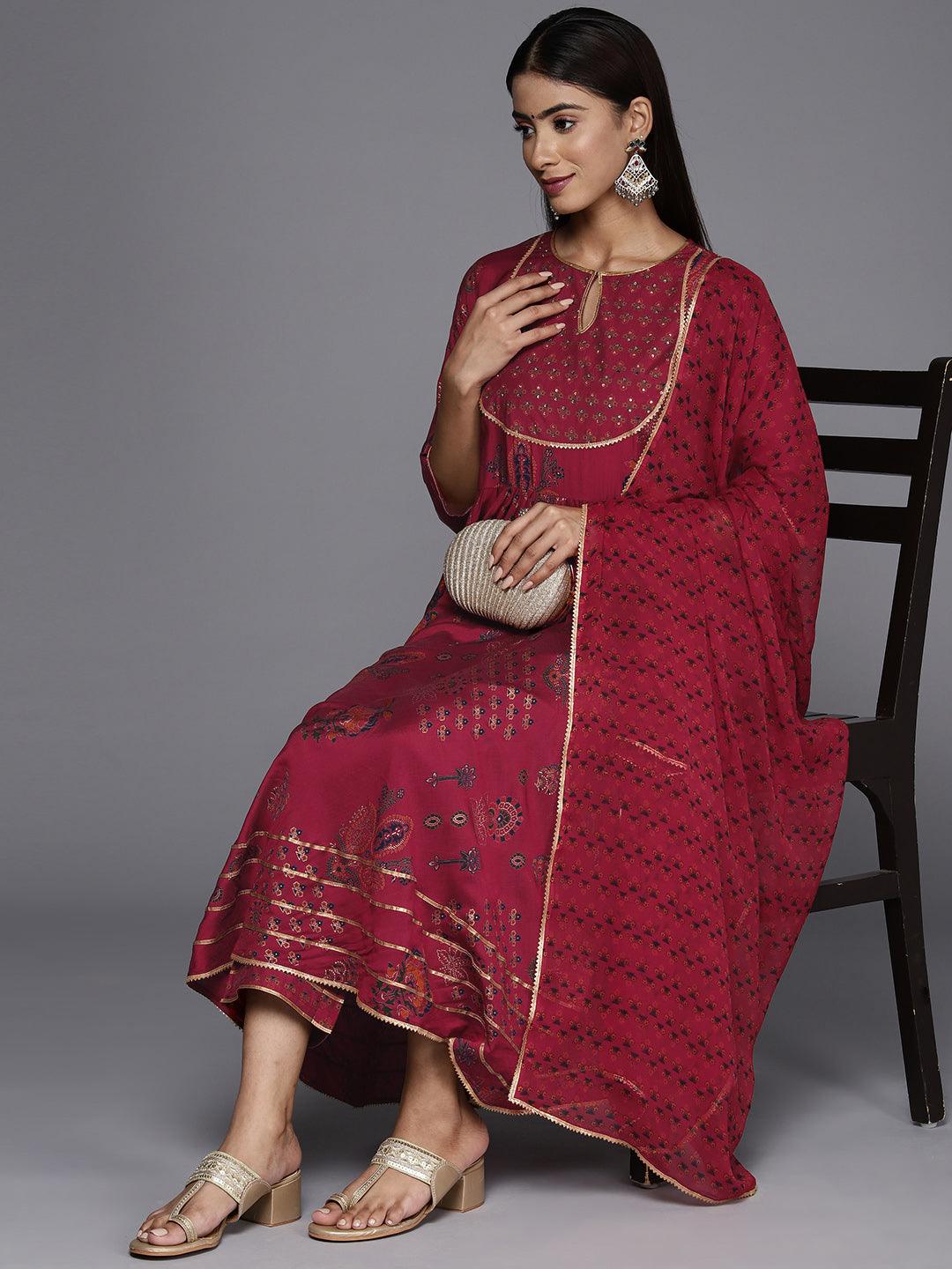 Red Printed Silk Blend Anarkali Kurta With Trousers & Dupatta - ShopLibas