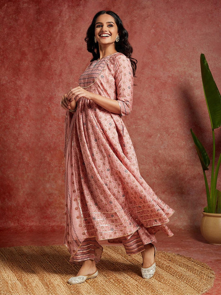 Peach Printed Silk Blend Anarkali Kurta With Trousers & Dupatta - ShopLibas