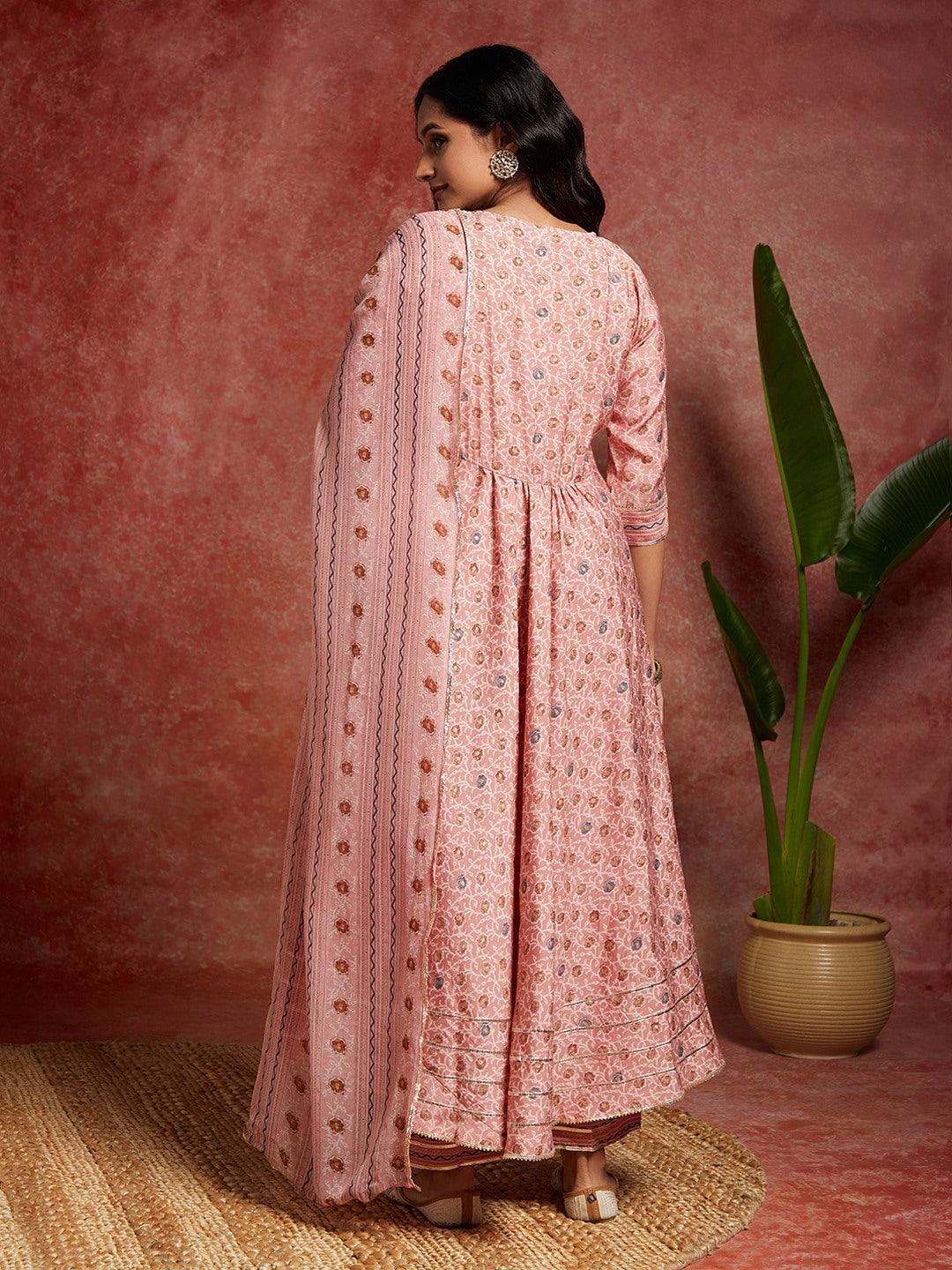 Peach Printed Silk Blend Anarkali Kurta With Trousers & Dupatta - ShopLibas