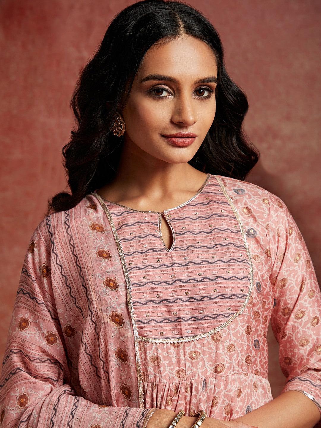 Peach Printed Silk Blend Anarkali Kurta With Trousers & Dupatta - ShopLibas