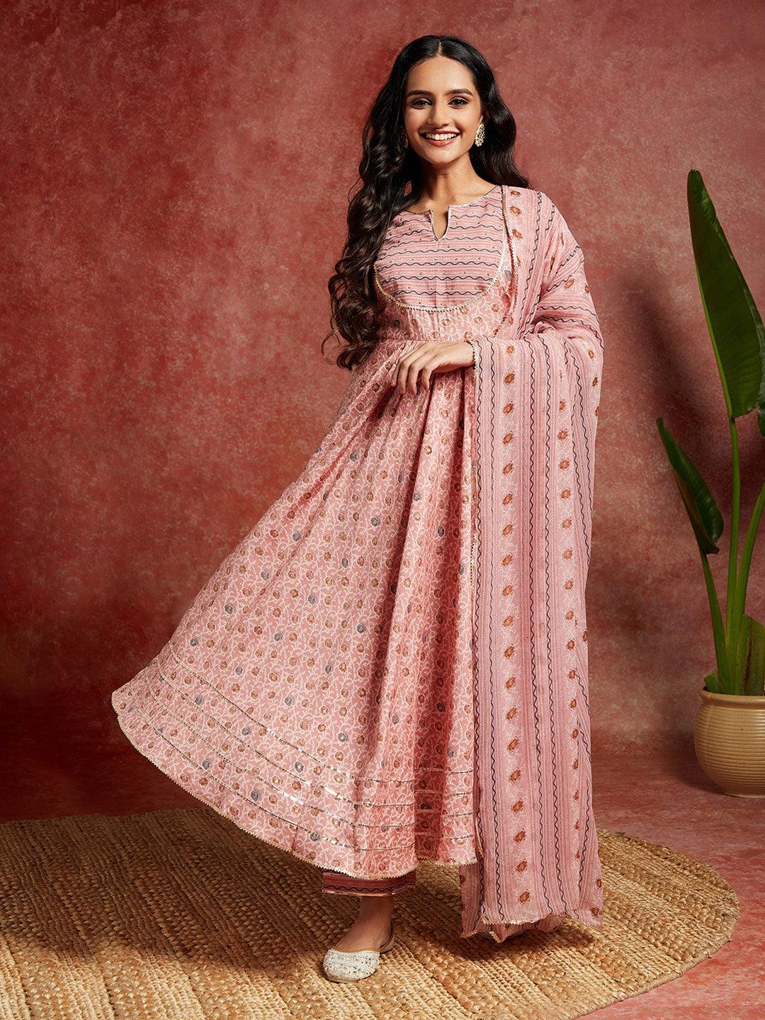 Peach Printed Silk Blend Anarkali Kurta With Trousers & Dupatta - ShopLibas