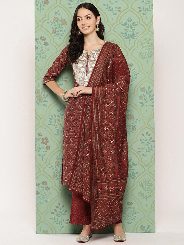 Maroon Printed Silk Blend Straight Kurta With Trousers & Dupatta - ShopLibas