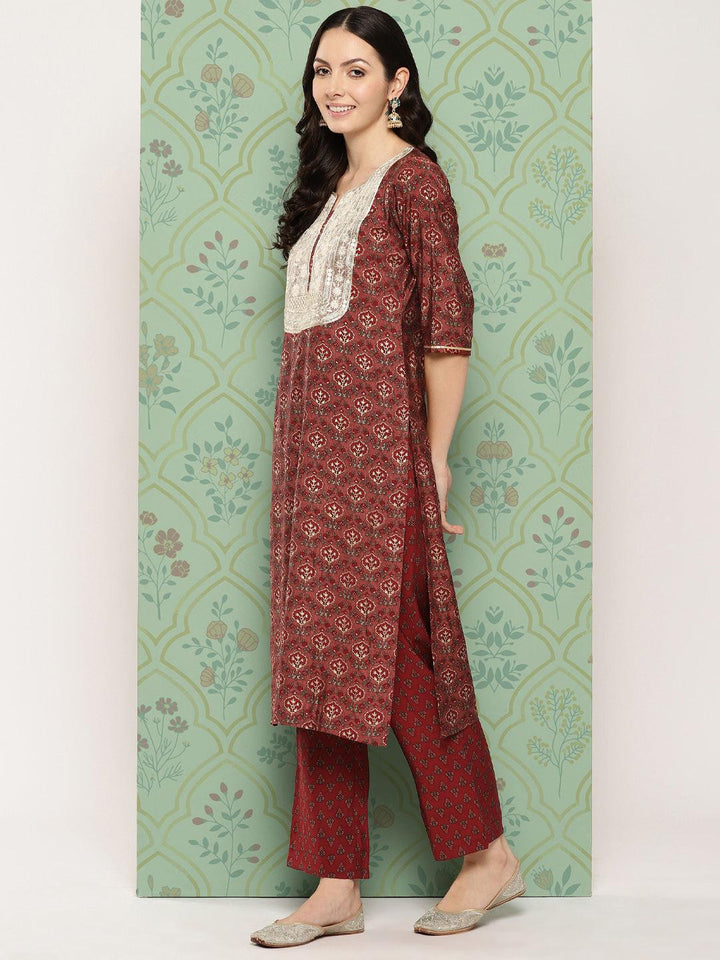 Maroon Printed Silk Blend Straight Kurta With Trousers & Dupatta - ShopLibas