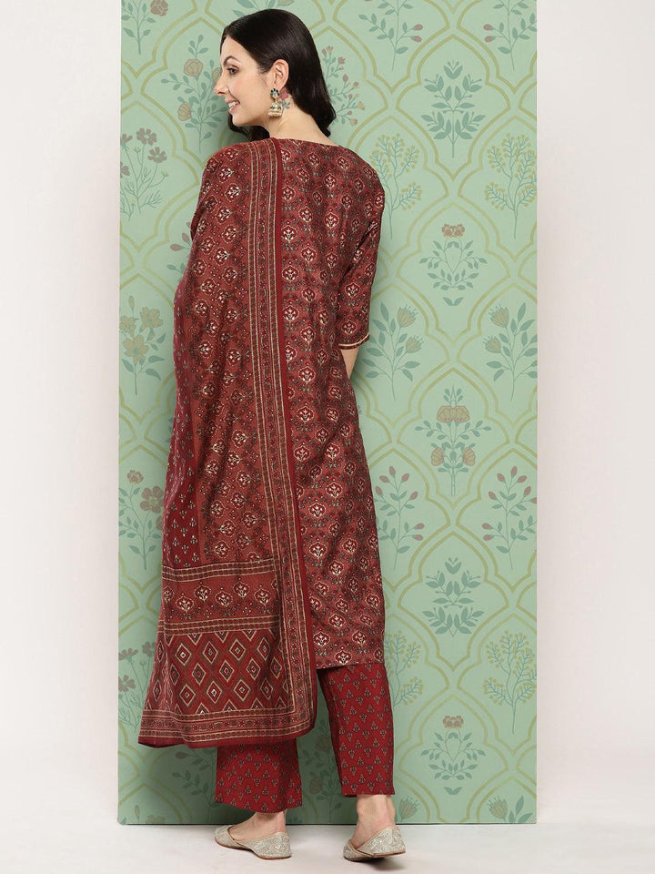 Maroon Printed Silk Blend Straight Kurta With Trousers & Dupatta - ShopLibas